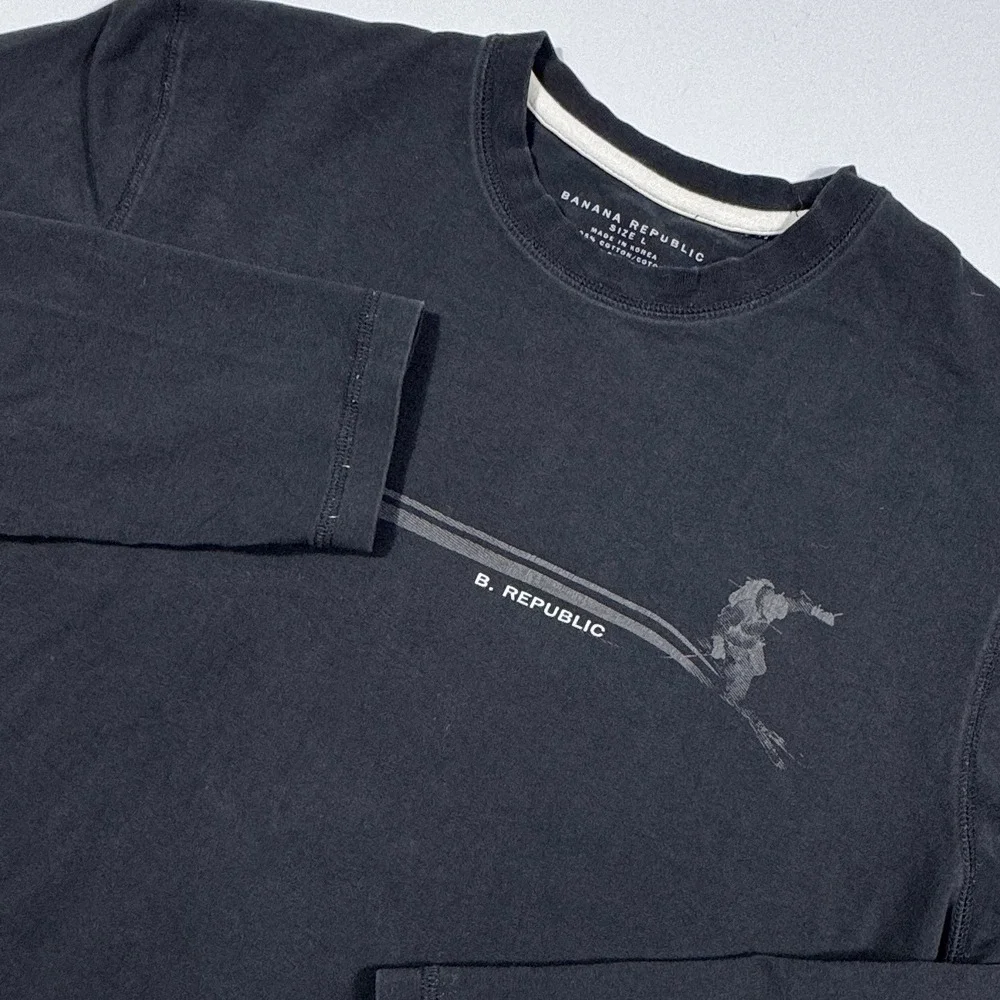 Banana Republic Mens‎ Long Sleeve Skier Graphic T-Shirt Black Size Large Stretch